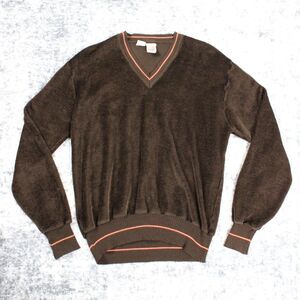 VTG Kennington California Mens M Brown Velour Sweater Shirt 60s 70s V Neck
